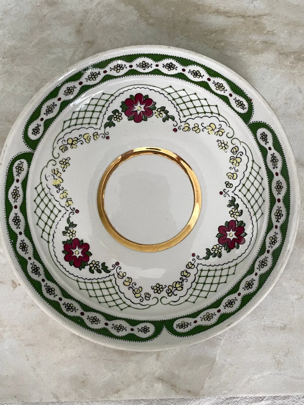 Vintage USSR Soviet Porcelain Saucer | Green Floral Gold Trim Collectible